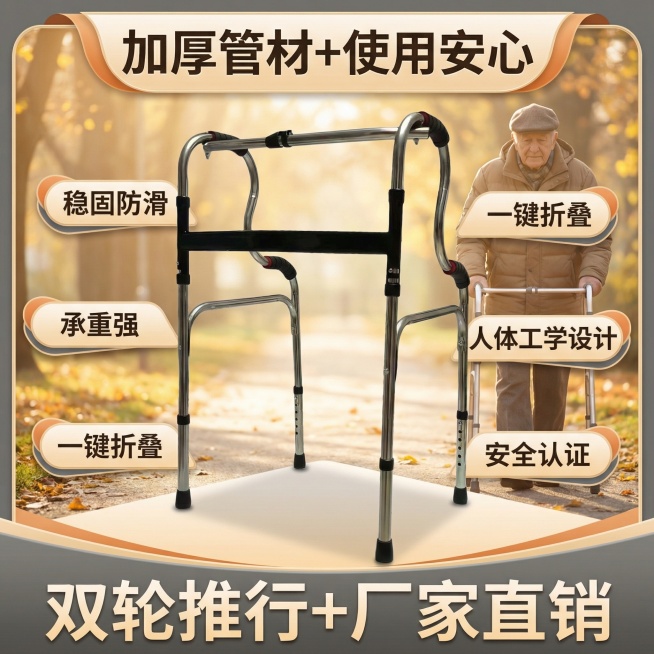这张图片是产品主体这款产品是助行器  我需要设计20张主图在拼多多上面售卖    可以用 老年人等场景进行主图场景布局设计一个高级主图  一些主图文案内容  厂家直销 可推可坐 加粗加厚 轻便省力 承预览效果
