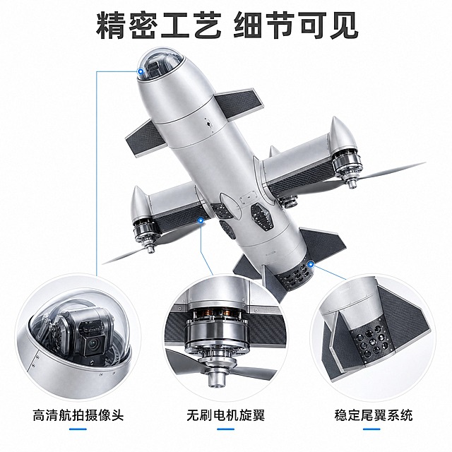 [主图-3] 产品结构细节图，展示无人机精密工艺和关键部件，证明产品品质。
[统一基调] 整体风格以白色和浅灰色为主，明亮通透的科技感，干净高级，无深色黑色主题；字体使用现代无衬线粗体，标题字色为深灰色，辅助文字为中灰色，强调色用淡蓝色；卡片和图标采用圆角细线样式，整体克制专业。
[画面] 无人机位于画面中央，机头朝上呈45度仰视角度，产品占画面约70%；画面下方分布三个圆形放大细节窗口，分别放大展示：机头透明舱罩内部结构、旋翼电机与桨叶细节、机身尾部喷口结构；每个放大窗用细线引出对应到产品部位；背景为纯白色。
[光影质感] 商业摄影微距质感，放大窗口内的细节清晰锐利，金属接缝、螺丝、碳纤维纹理都清晰可见，光影均匀，材质表现真实。
[配色] 纯白色背景，产品银灰色机身，放大窗口白色细线边框，标注文字深灰色，引线淡蓝色，整体干净明亮。
[文字版式] 顶部标题「精密工艺 细节可见」，粗体深灰色；三个放大窗口下方分别标注短词：「高清航拍摄像头」「无刷电机旋翼」「稳定尾翼系统」；标注文字简洁，不遮挡产品。
[输出要求] 1:1正方形比例，2048x2048高清；产品和细节都清晰锐利，文字清晰可读；禁止机头朝下，禁止黑色深色背景，禁止变形、错字、模糊、杂乱、水印、平台Logo。
