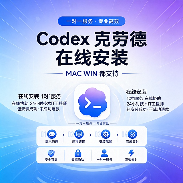 简约高端科技风宣传海报，主色调参考蓝紫色，画面包含文字：标题"Codex 克劳德 在线安装"，副标题"MAC WIN 都支持"，服务内容"在线安装 1对1服务 在线协助 24小时技术IT工程师 包安装成功·不成功退款"，保留参考图的简约排版和科技感渐变背景，整体风格简洁高级