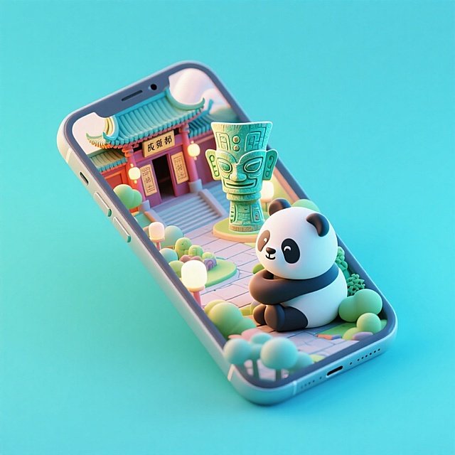 软3D风微缩艺术场景，可爱熊猫与古蜀神像跃出手机屏幕，融合卡通感与梦幻色彩，呈现清新治愈的虚拟现实体验。