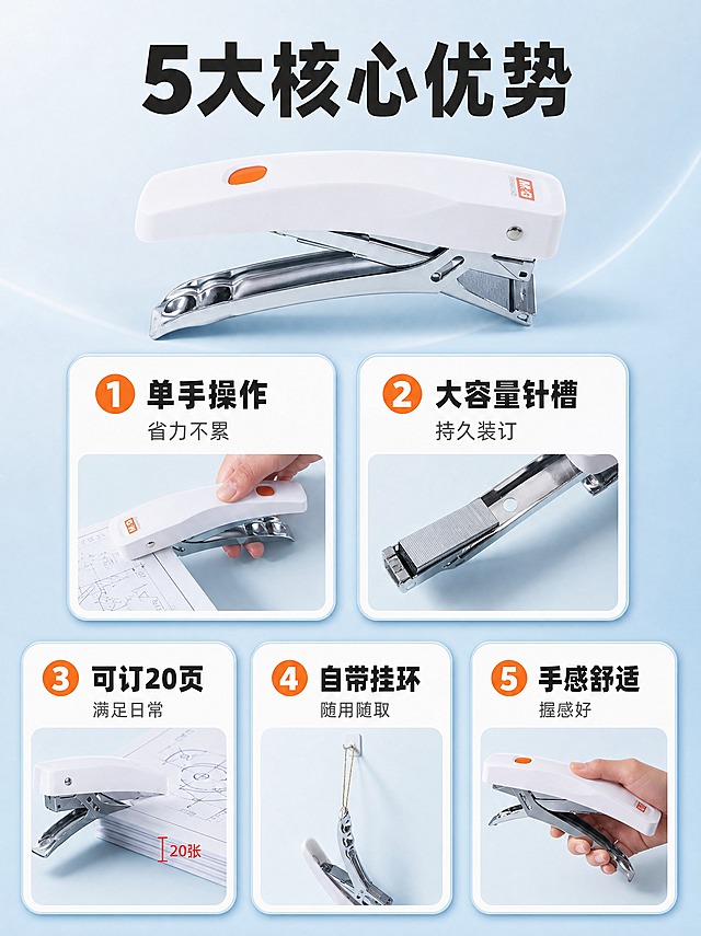 [商品] 使用【图1】【图7】晨光外卖订书机黑白两款；保留流线型手柄、顶部橙色按键、金属钳口、尾部挂环、晨光Logo，外观与输入图完全一致。
[画面] 第3张 核心卖点总览。目标：一图看懂5大核心优势，建立整体认知。6分区大卡片+瀑布流版式。画面上方居中放白色款订书机侧视图，主体占比约30%。下方分两行共5个圆角信息卡片，左2右3错落排列，每张卡片配小图+文字：第1卡单手操作、第2卡大容量针槽、第3卡可订20页、第4卡自带挂环、第5卡手感舒适。卡片之间有细微间距。
[视觉] 套系策略：风格=拼多多大字报风格 清爽办公文具感 商业摄影质感；标题字=超粗黑体 大字醒目；正文字=简洁无衬线体；主色=浅天蓝；背景延展=基于浅天蓝做渐变 卡片用白色圆角带浅蓝边；强调色=亮橙色 仅用于卡片图标 序号 关键词；标题色=深炭灰；正文色=中灰；组件=白色圆角信息卡 浅蓝细边 橙色小图标；光影=柔和顶光 产品清晰 卡片有轻微投影。
[文字] 顶部大标题："5大核心优势"。5张卡片每张上方橙色图标+大字卖点名，下方一行小字说明：1.单手操作 省力不累 2.大容量针槽 持久装订 3.可订20页 满足日常 4.自带挂环 随用随取 5.手感舒适 握感好。文字全部横排，字号保证手机端可读。
[规格] 图片比例3:4竖版，4K，避免变形、错字、文字过小、产品颜色改变、结构失真、平台Logo水印。