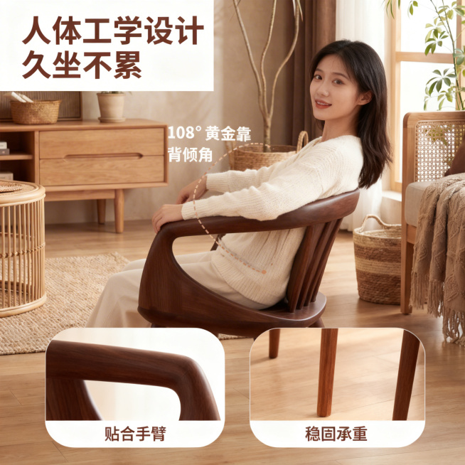 [主图 2] 人体工学功能展示主图
[主图主题] 人体工学设计舒适撑腰
[氛围/风格] 原木风北欧现代简约，温馨暖调自然光，和主图1保持一致的光影风格
[画面元素] 一位年轻亚洲女性模特（身着浅米白色预览效果