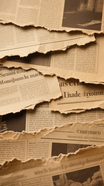 复古撕纸风格报纸拼贴背景，采用泛黄牛皮纸底色与深褐色文字的配色方案，报纸纸张边缘呈现不规则撕裂纹理，多层报纸碎片以不同角度和重叠方式拼贴，文字内容为模糊的英文印刷体，整体画面具有强烈的怀旧质感和手工撕纸的粗糙肌理，营造出复古档案文件的视觉效果，光线柔和均匀，无明显阴影，保持平面设计感。预览效果