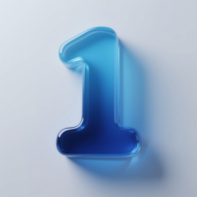3D渲染的数字“1”，保持白色背景，主体采用深邃的蓝色渐变，从底部的深蓝色平滑过渡到顶部的浅蓝色，具有半透明的果冻质感，表面光滑且有明显的高光和细腻的阴影，边缘圆润，整体呈现出晶莹剔透的视觉效果，光线从左上方照射，在右侧形成柔和的阴影，立体感强，色彩纯净且过渡自然。预览效果