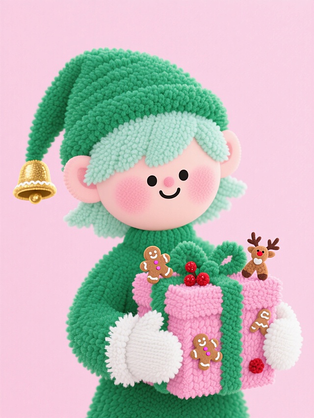 软3D风圣诞小精灵，毛发生长质感搭配针织面料纹理，手持萌趣姜饼礼盒，粉色背景烘托梦幻温馨氛围，传递可爱与节日趣味。