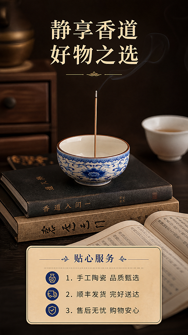 [第8屏] 行动号召-礼遇与服务展示。本屏使用【图8】作为场景参考，香炉主体保持原有外观和颜色。
[氛围/风格] 温馨雅致品牌风，暗调暖光，传递好物相伴的价值感。
[元素布局] 香炉放置在书房书本上，轻烟缭绕，整体氛围宁静雅致，香炉作为主体占据画面中心偏上位置，下方为服务信息区域，清晰展示购买保障。
[光影质感] 柔和暖光，突出产品雅致感，整体明暗过渡自然，氛围感足，产品清晰。
[配色色系] 全局深棕底色#2C241D，产品保持原青花配色，服务信息区域为浅卡其色卡片，深棕色文字，蓝色强调标题。
[视角构图] 平视横向景深构图，主体突出，信息区域在底部，不遮挡产品。
[文字版式] 顶部主标题「静享香道 好物之选」，底部信息卡分点展示：
1. 手工陶瓷 品质甄选
2. 顺丰发货 完好送达
3. 售后无忧 购物安心
文字清晰层级分明，符合移动端阅读。
[比例分辨率] 9:16 竖版比例，4K分辨率，文字清晰可辨。
[负向提示词] 产品变形，文字错乱，颜色偏差，水印，虚假承诺信息。