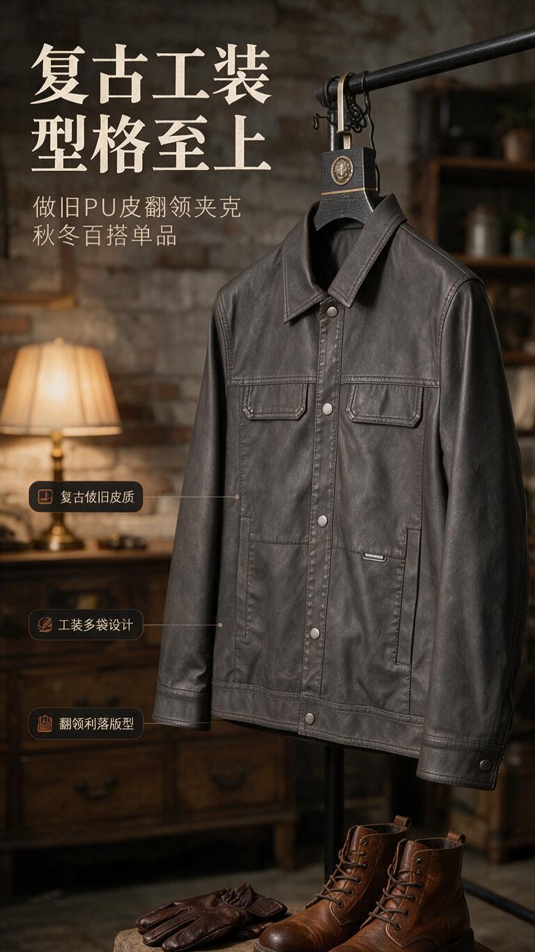 [商品] 使用【图1】深灰色复古做旧翻领PU皮夹克；商品处理：… - 图片创意预览