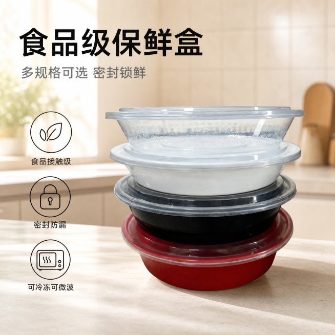 [单张主图] 多色带盖圆形保鲜盒，高级氛围感主图，打造实用保鲜产品主图，吸引点击转化。保持产品外观（物理结构、材质质感、颜色）与输入产品图绝对一致，杜绝任何变形和色差，精细化处理。四个保鲜盒堆叠居中展预览效果