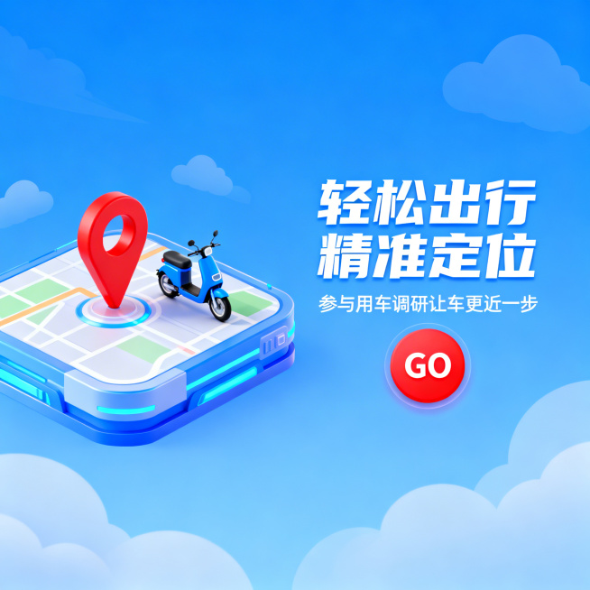 线上平台宣传横幅，明亮蓝色背景搭配淡淡云图案，风格活泼有吸引力。左侧是科技风3d立体地图平台，平台上有红色定位标和一辆蓝色电动自行车，营造骑电动车定位准确的氛围。右侧有醒目的红色圆形“GO”字按钮，核预览效果