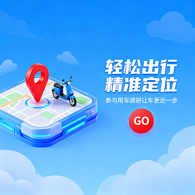 线上平台宣传横幅，明亮蓝色背景搭配淡淡云图案，风格活泼有吸引力。左侧是科技风3d立体地图平台，平台上有红色定位标和一辆蓝色电动自行车，营造骑电动车定位准确的氛围。右侧有醒目的红色圆形“GO”字按钮，核心活动文字“轻松出行 精准定位”“参与用车调研让车更近一步”