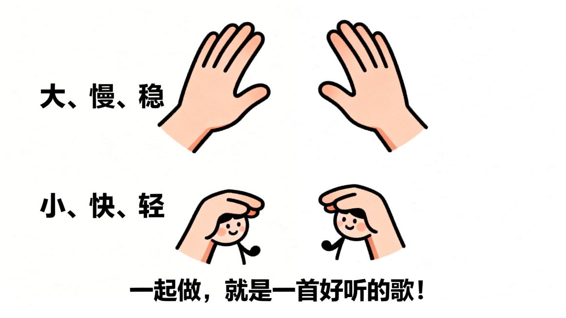 卡通风，白色背景，可爱简笔画小人，画面上方一双大手慢慢左右摇摆配字"大、慢、稳"，画面下方一双小手快速上下点动配字"小、快、轻"，底部有核心提示文字"一起做，就是一首好听的歌！"，卡通活泼风格预览效果