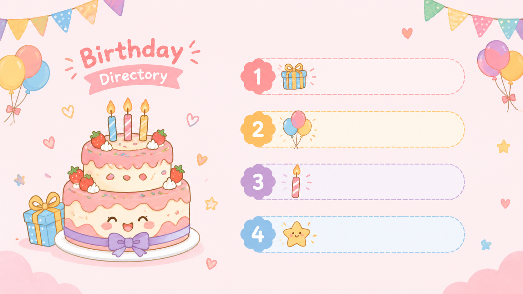 卡通可爱风生日主题PPT目录页，横向16:9比例，浅粉色背景，… - 图片创意预览