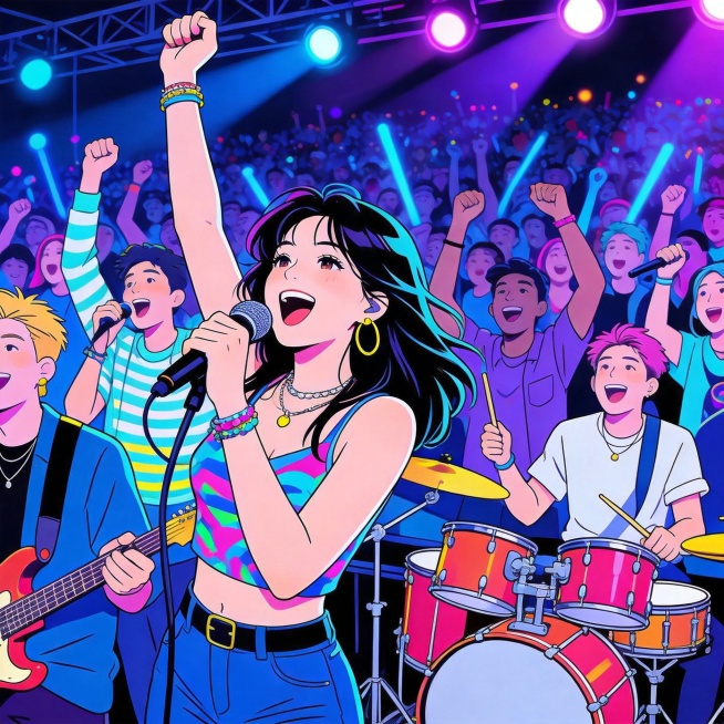 潮流人物在演唱会现场，氛围欢快充满活力，有人唱歌、有人打鼓、有人伴奏，蓝紫色主色调，亮色点缀，炫酷霓虹感，潮流氛围，高饱和色彩对比，细节丰富，稿定设计风格，潮流扁平插画，满版密集动感构图预览效果