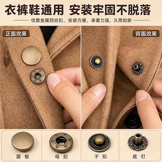 [主图-10] 831型金属四合扣 衣服外套应用场景图。
[统一基调] 淘宝五金配件风格 浅米色背景 主标题深棕粗黑体 辅助说明棕色细黑体 强调色古铜色 整体温暖质感。
[画面] 画面展示一件棕色毛呢大衣的门襟部分 古铜色四合扣安装在大衣上 一只手正在扣合扣子 展示按扣手感 左侧特写扣合后的正面效果 右侧特写背面效果 底部小图展示四合扣组件 产品占画面约60% 近景细节角度 顶部标题 衣裤鞋通用 安装牢固不脱落。
[光影质感] 室内自然光 毛呢面料纹理真实 古铜色扣子质感自然 手部动作自然 细节清晰不生硬。
[配色] 背景浅米色 主标题深棕色 产品棕色面料+古铜金属 整体暖色调。
[文字版式] 顶部深棕色大标题 衣裤鞋通用 安装牢固 左右两侧小标注 正面效果 背面效果 字体统一黑体 简洁自然。
[输出要求] 1:1正方形 2048x2048 场景真实自然 产品清晰 文字可读 负向 变形 错字 模糊 手指畸形 穿模