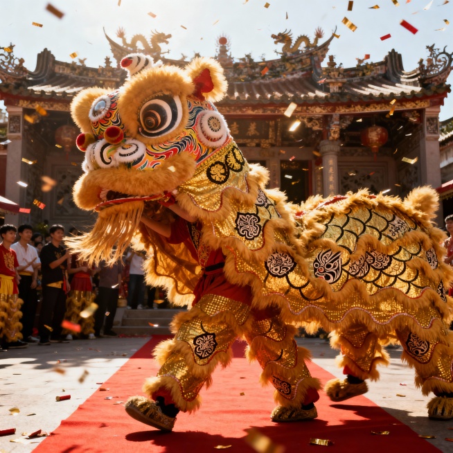 帮我生成一张舞龙舞狮的图片，体现潮汕当地的民间民俗，高清写实风，潮汕祠堂前的舞龙舞狮盛会，醒狮的狮头绘有潮汕传统潮剧脸谱元素，龙身鳞片用潮汕剪纸纹样装饰，地面铺着红地毯，空中飘着鞭炮纸屑，阳光明媚，氛预览效果