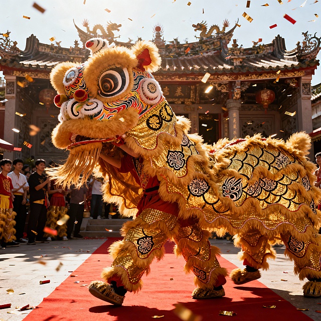 帮我生成一张舞龙舞狮的图片，体现潮汕当地的民间民俗，高清写实风，潮汕祠堂前的舞龙舞狮盛会，醒狮的狮头绘有潮汕传统潮剧脸谱元素，龙身鳞片用潮汕剪纸纹样装饰，地面铺着红地毯，空中飘着鞭炮纸屑，阳光明媚，氛围热烈喜庆