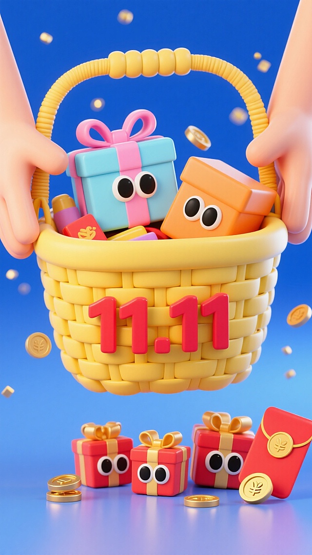 画面主体为超大号黄色编织购物篮，占据视觉绝大部分空间，篮身两侧各有一只肤色大手托住篮沿，姿态稳固且充满活力，篮筐外侧印着加粗的红色 “11.11” 艺术字，字体醒目且带有轻微立体效果。篮内堆叠着丰富物品：顶层是系着粉色蝴蝶结丝带的浅蓝色礼盒，旁边挨着一个橘色哑光质感礼盒，下方还错落摆放着 3 个不同色系的小礼盒；礼盒旁躺着一个烫金纹红色红包，几枚闪现金光的金币散落在礼盒与红包之间。篮内所有物品（礼盒、红包、金币）都贴着一对圆溜溜的黑色可爱眼睛，仿佛拥有生命力。背景为从蓝色渐变，空中点缀着细碎的金色光点，随渐变背景自然分布，整体节日感与萌趣感兼具。