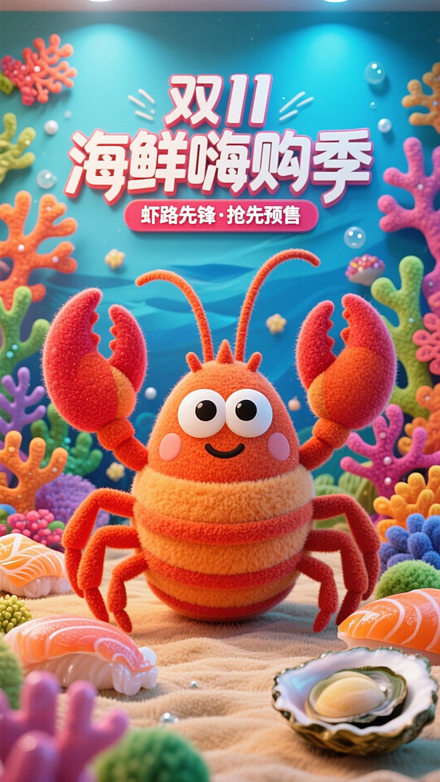 软3D风格的卡通龙虾拟人化设计，毛发生长质感搭配梦幻海底场景，色彩缤纷充满趣味感，突出双11海鲜促销主题。