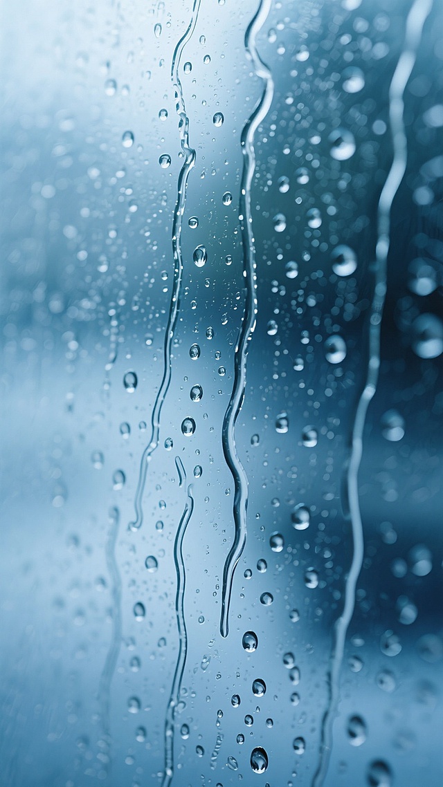 写实风格的雨水背景，玻璃表面覆盖着密集且形态各异的水滴，细长的水流蜿蜒而下，与圆润的水珠相互交织，整体呈现由上至下从浅蓝灰色渐变为深靛蓝色的冷色调，光线柔和均匀地透过雨幕，营造出宁静而略带忧郁的氛围，背景模糊虚化，突出雨水在玻璃上形成的丰富纹理和层次感。