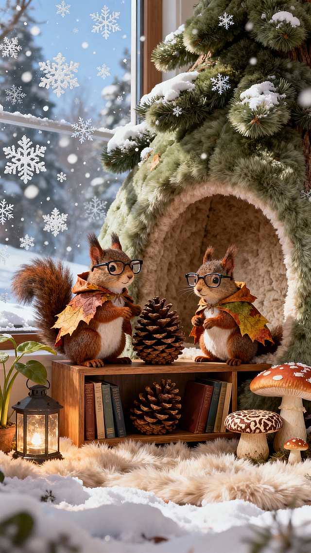 在一棵巨大松树的树洞图书馆里，一只戴着圆圆眼镜的小松鼠正踮着脚尖，努力用尾巴当鸡毛掸子，清扫“书架”（其实是整齐排列的松果）上的雪屑。另一只小松鼠则裹着用落叶缝的披风，靠在一个蘑菇坐垫上，抱着一颗巨大的“坚果书”看得入迷。树洞里，小小的灯笼草发出暖光，窗外雪花静静地飘。