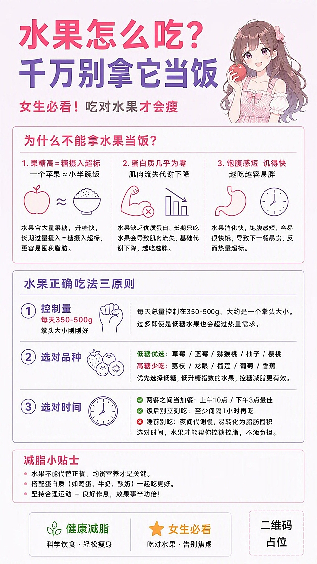 基于参考图，删除底部左侧的"直播干货"栏目（包含播放图标、"直播干货"标题和"专业营养师在线科普"小字）。删除后，底部只保留"健康减脂"和"女生必看"两个标签，以及右侧的二维码占位。两个标签居中对齐，布局更均衡。其余所有内容保持不变，文字、排版、风格完全一致。画面中所有数字必须精确渲染。
