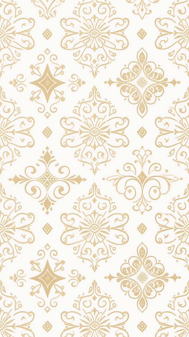 一张白色背景上布满精致金色暗纹的图案设计，暗纹由多种对称的卷曲花纹、几何图形和抽象装饰元素组成，线条细腻流畅，整体呈现出典雅、复古且具有层次感的视觉效果，图案排列整齐有序，形成无缝的重复纹样，金色暗纹在白色背景上显得低调而华丽，具有传统装饰艺术的美感和现代设计的简洁感。