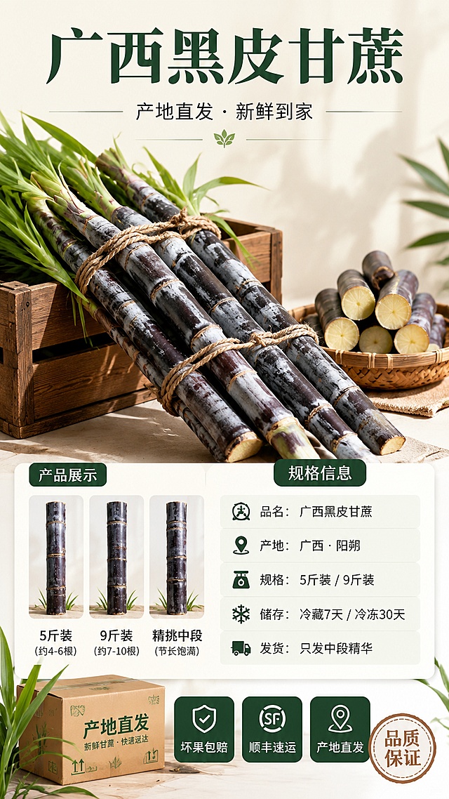 [第8屏] 规格收尾屏-广西黑皮甘蔗规格与囤货推荐。本屏使用【图1】作为甘蔗主体参考。
[氛围/风格] 高级大气+品质收尾，生鲜规格展示，品牌感强。
[元素布局] 画面上半部分为一捆用麻绳捆扎的黑皮甘蔗，带新鲜长绿叶，斜靠在木质 crate 上，占比约50%，甘蔗挺拔饱满，紫黑皮色白霜质感清晰，旁边放着一个竹编篮装着切好的甘蔗段；画面下半部分左侧为产品小图，右侧为规格信息卡片；底部有「产地直发」的快递箱和新鲜甘蔗叶点缀，营造发货场景感；甘蔗保持紫黑皮色、节段结构与输入图一致。
[光影质感] 左前侧45°柔光照射，甘蔗表皮有细腻高光，木 crate 有自然纹理，规格卡片干净明亮，整体通透有品质感。
[配色色系] 全局底色 #FAFAF5（暖米白）；主色墨绿标题 #1B4332；辅助色木色 #8D6E63、麻绳棕 #A1887F、浅绿卡 #E8F5E9；字色墨绿+深灰。
[视角构图] 45°斜侧俯视，上产品下规格的经典布局，阅读动线顶部产品展示 → 中部规格卡 → 底部服务承诺。
[文字版式] 顶部大标题「广西黑皮甘蔗」，大气宋体墨绿字；副标题「产地直发 · 新鲜到家」，纤细黑体；规格卡片包含：「品名：广西黑皮甘蔗」「产地：广西 · 阳朔」「规格：5斤装 / 9斤装」「储存：冷藏7天 / 冷冻30天」「发货：只发中段精华」；底部三个服务标签横排：「坏果包赔」「顺丰速运」「产地直发」，深绿底白字圆角矩形；右下角小印章写「品质保证」。
[比例分辨率] 9:16 竖版比例，4K分辨率，文字清晰可辨，高清画质。
[负向提示词] 甘蔗变形，规格表文字错乱，水印，颜色偏差，产品模糊，背景杂乱，缺件错件，木材质感虚假。