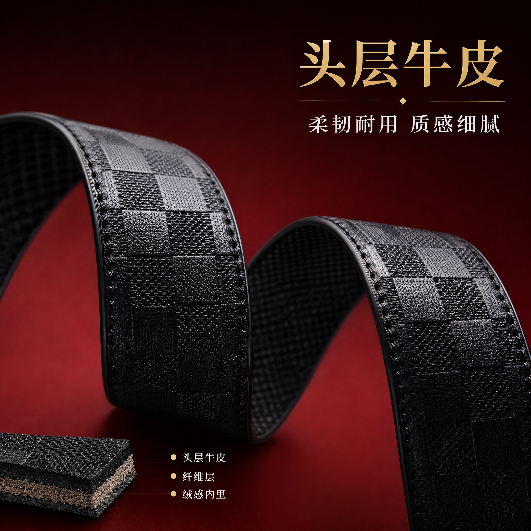 [主图-3] 皮带皮革材质细节展示，突出头层牛皮质感。 [统一… - 图片创意预览
