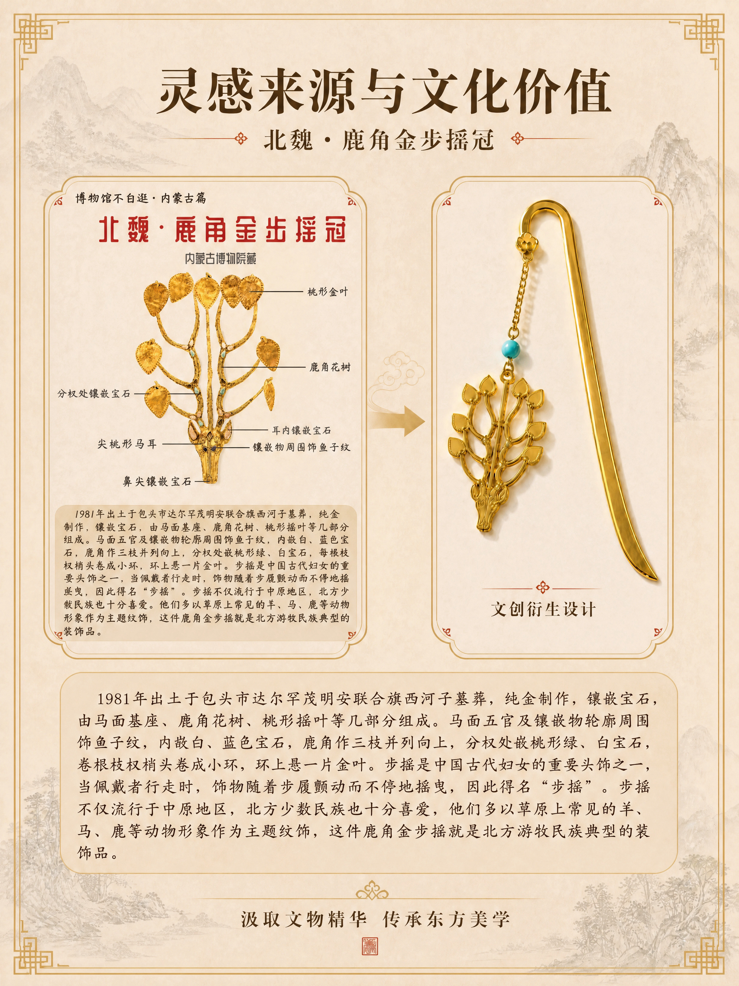 将这张完整的北魏鹿角金步摇冠文物科普图（含文物主体、所有标注文… - 图片创意预览