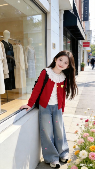 用图1的衣服裤子替换图2人物身上穿的衣服裤子，保留原场景光影，保持图2的人物的五官和发型不变，图片宽高尺寸不变，背景不变，鞋子不变，人物姿势不变，保持图1的衣服裤子的款式和颜色不变预览效果