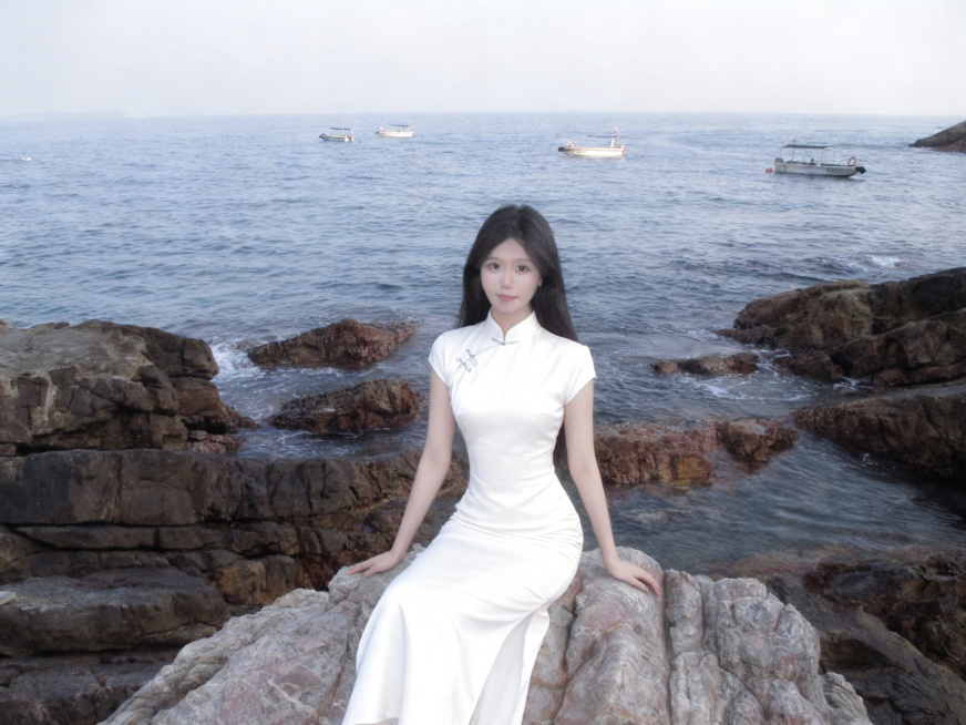 将人物身上的衣服换成白色旗袍，保持原背景海边礁石和人物姿态不变，白色旗袍款式优雅合身预览效果
