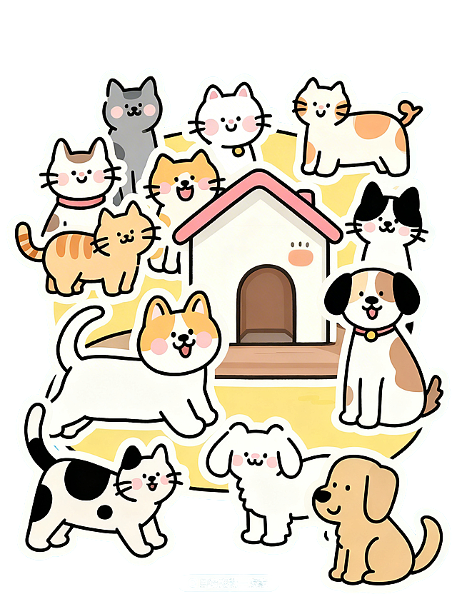 调整《予宠家》品牌主视觉海报，将房子和所有猫狗主体物缩小，保留简约可爱风格，品牌定位给宠物一个家