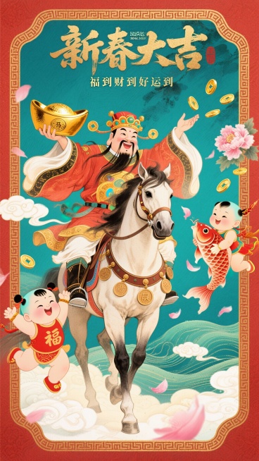 生成四组中国风的电影海报，专为 2026 年中国农历新年（马年）而作。画面中央，健壮的财神爷骑着一匹威仪不凡的骏马。财神爷左手欢快地握着一块硕大的金锭，右手则抛撒着金币。骏马的鞍具上装饰着流苏和铜币饰预览效果