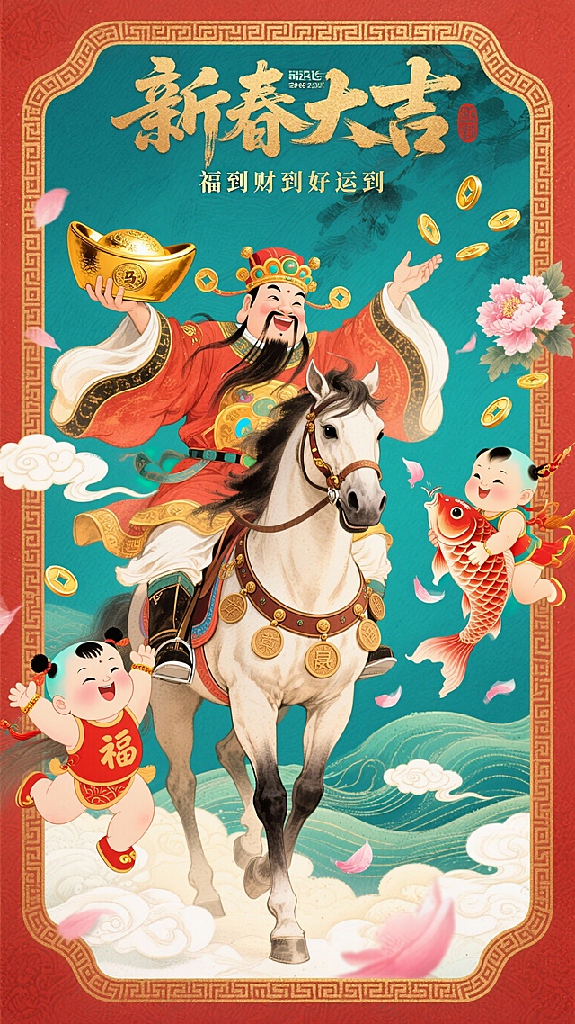 国潮风插画，融合中式元素与卡通造型，财神骑马携金元宝，童子持鱼嬉戏，鎏金文字与水彩晕染背景营造喜庆氛围，传递新春吉祥祝福。