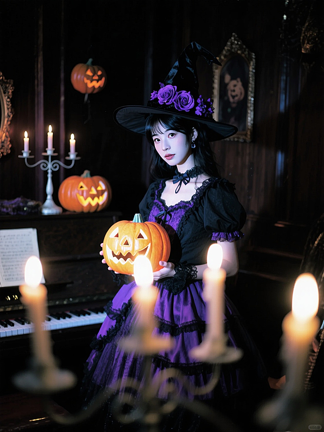 哥特风格的巫女手持南瓜灯，烛光摇曳中透出神秘与优雅，复古油画质感融合蜡笔风细腻笔触，营造唯美文艺的万圣夜氛围。