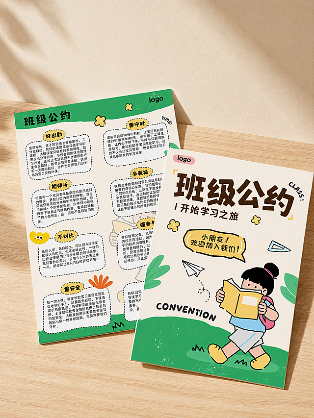超写实俯视视角，两张A5少儿教育招生班级公约宣传卡片样机，放置在浅原木色木板台面上，卡片内容参考提供图片保持不变，暖调自然光，光影柔和，背景为米色哑光墙面，极简ins风，商业产品摄影质感，高细节，浅景深