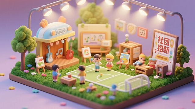 我正在写一篇跟社团招新海报有关的文章，需要配图，请帮我生成5中风格不同的与社团、招新、海报有关的图片，不要出现人像和文字！避免诡异和单调！