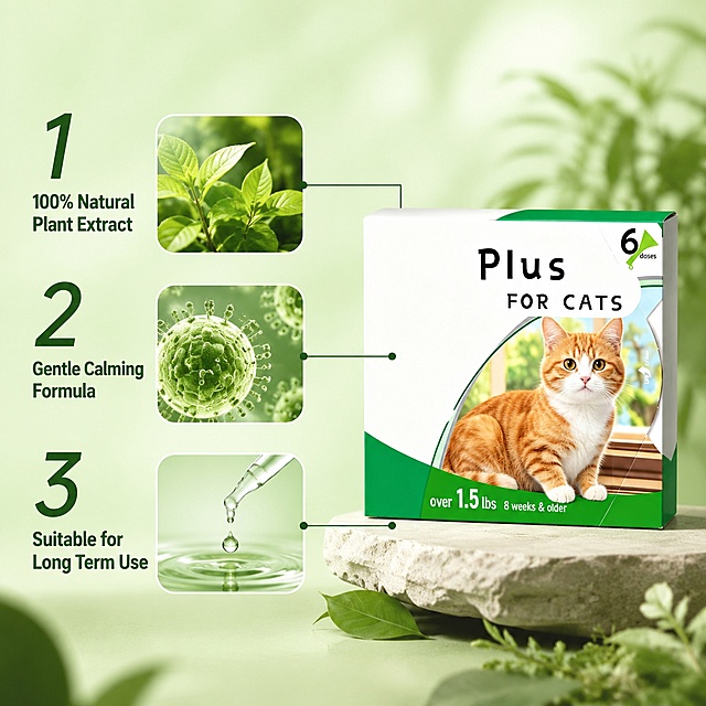 [主图-3] Natural plant ingredients details display of cat supplement
[氛围风格] Fresh natural, professional safety
[画质] Ultra HD commercial photography, clear texture, soft light, clean picture
[elements] The background is fresh light green, the left side uses 1-2-3 numbering to explain the natural extraction mechanism, and the right side places the product packaging. The first "100% Natural Plant Extract" is equipped with a picture-in-picture of natural green leaf ingredients, the second "Gentle Calming Formula" is equipped with a picture-in-picture of ingredient particle micro-details, and the third "Suitable for Long Term Use" is equipped with a drop of liquid droplet picture-in-picture. All picture-in-picture are rounded corners, with clear labels, connected by thin guide lines, and the product packaging maintains the same appearance, color and structure as the original image. No arbitrary change of product appearance.
[Light and shadow] Soft scattered light, uniform illumination, clear texture, natural layering
[Matching color] Main color light green, auxiliary color white, dark green text, fresh and comfortable
[Perspective composition] Left text mechanism, right product, reasonable space, clear primary and secondary
[Text layout] All text in English, clear numbering, clear labels, font size contrast obvious, text readable, no occlusion
[Output requirements] 1:1 square proportion, clear text, ultra HD commercial photography quality
[Negative prompt] Deformation, text disorder, product blur, irrelevant ingredients, Chinese text, exaggerated efficacy description, messy composition