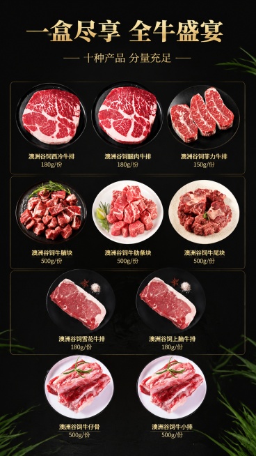 [第3屏] 产品全家福-展示盒马牛肉礼盒内全部产品组合。本屏使用【图1】作为产品主体。[氛围/风格] 规整展示，高贵黑色调，商业陈列质感。[元素布局] 将原盘中的多种牛肉产品整齐排列展示，每种牛肉产品预览效果