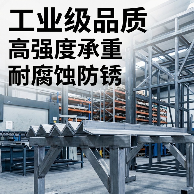 淘宝详情工业风格场景图，展示304/316L不锈钢角钢在工业环境中的应用，背景为工厂车间场景，有大型机械设备、工业货架、钢结构框架等，不锈钢角钢作为支撑结构清晰可见，突出其工业级强度和耐用性，画面色调预览效果