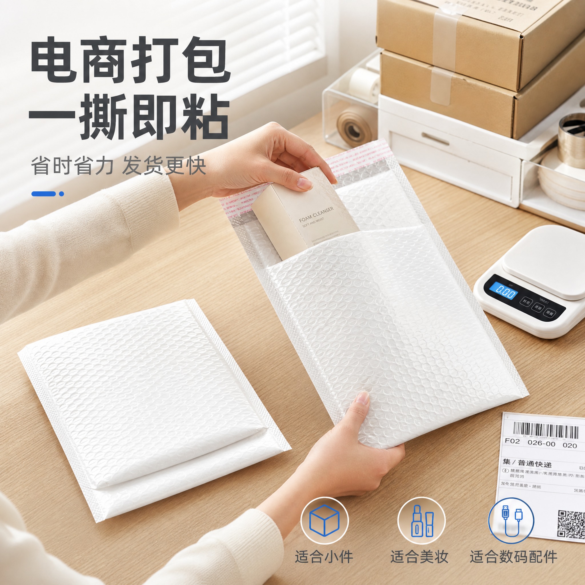 [主图-4] 场景适用与使用方式 展示气泡信封袋在电商打包发货… - 图片创意预览
