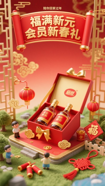 3D微缩场景风格，新春主题广告图，中心构图，红色和金色为主色调，浓厚新春氛围。上方红色卷轴式标题框，内有金色大字“福满新元 会员新春礼”，顶部小字“陪你回家过年”。下方打开的红色礼盒，内置两瓶白酒，瓶预览效果