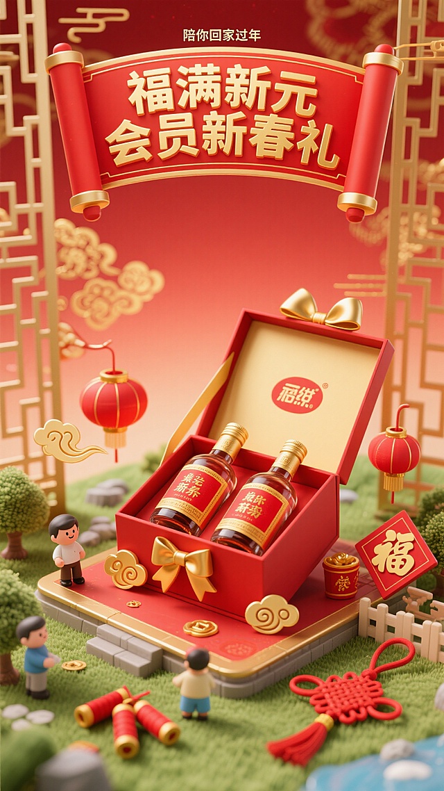 新春3D微缩场景，酒类展示海报