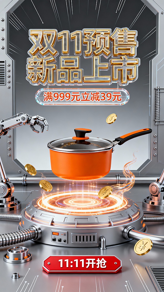 未来感与科技感交融的3D工业风设计，金属质感搭配霓虹光效，虚拟现实场景中悬浮锅具与粒子金币营造机能美学，双11预售新品上市，满减优惠引爆购物热潮。