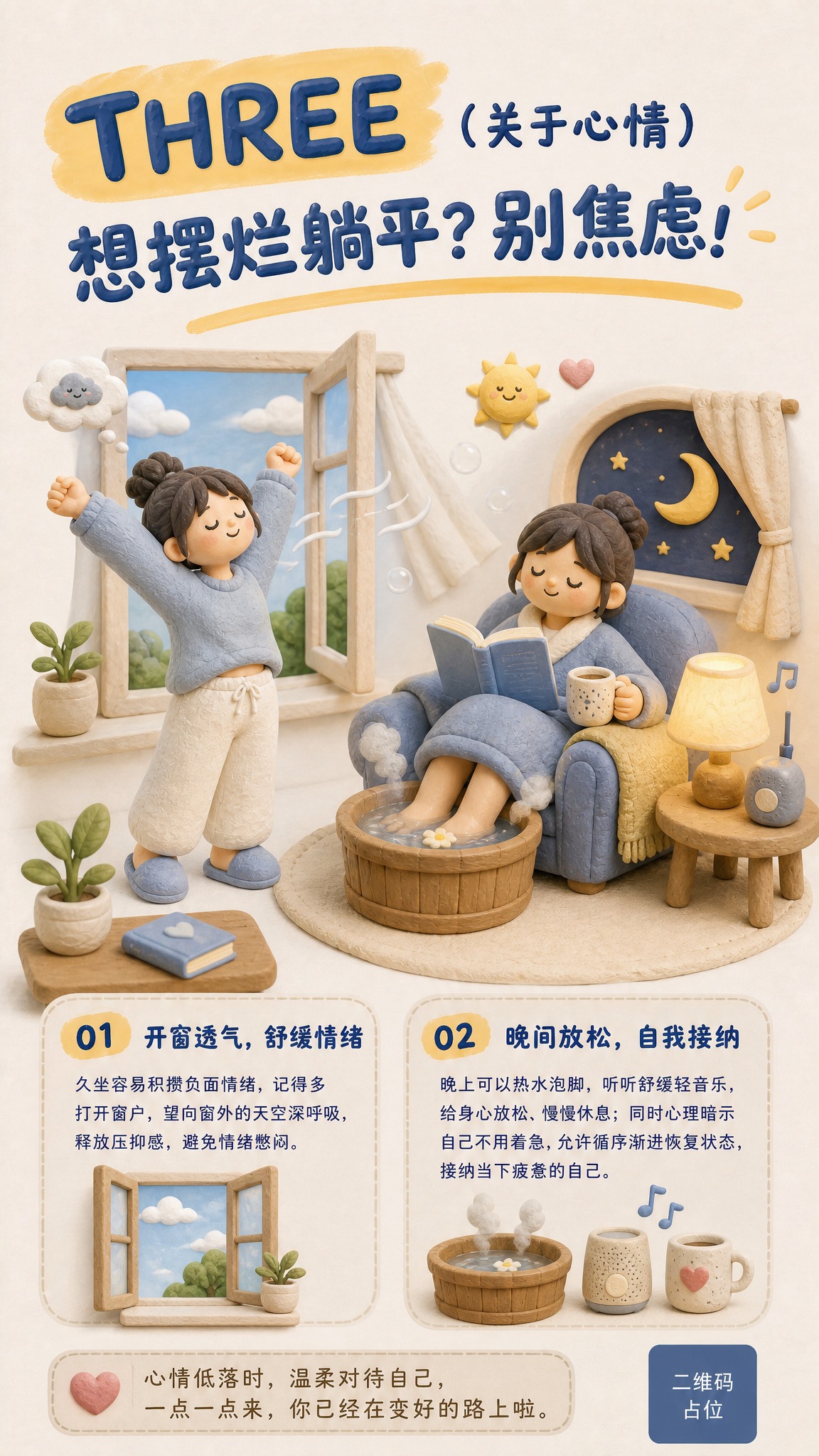 一张竖版情绪调节心情疗愈主题科普海报，整体采用3D黏土手办厚泥… - 图片创意预览