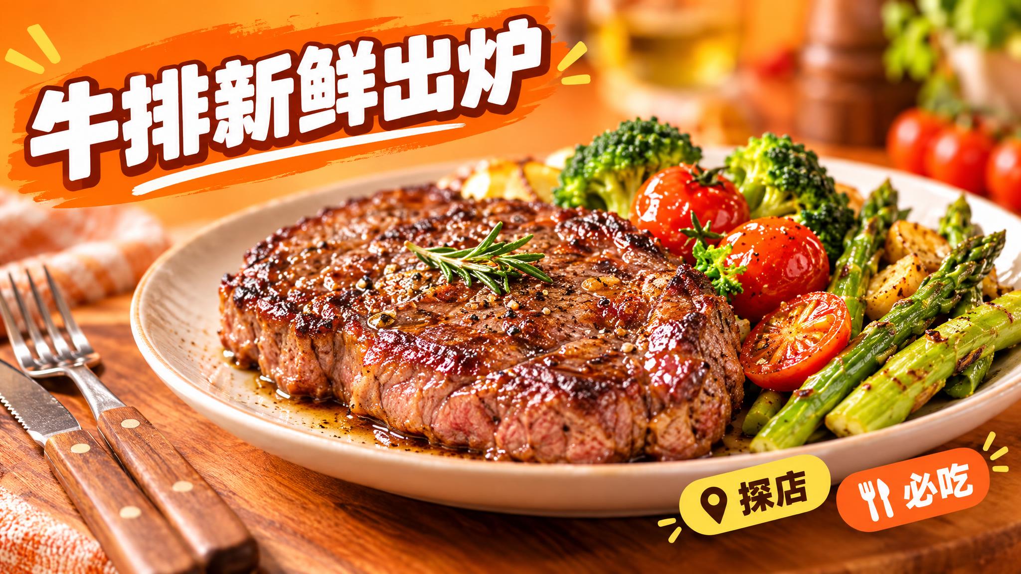 活力美食风格，暖橙色背景，画面中心是一盘色泽诱人的牛排，牛排表… - 图片创意预览