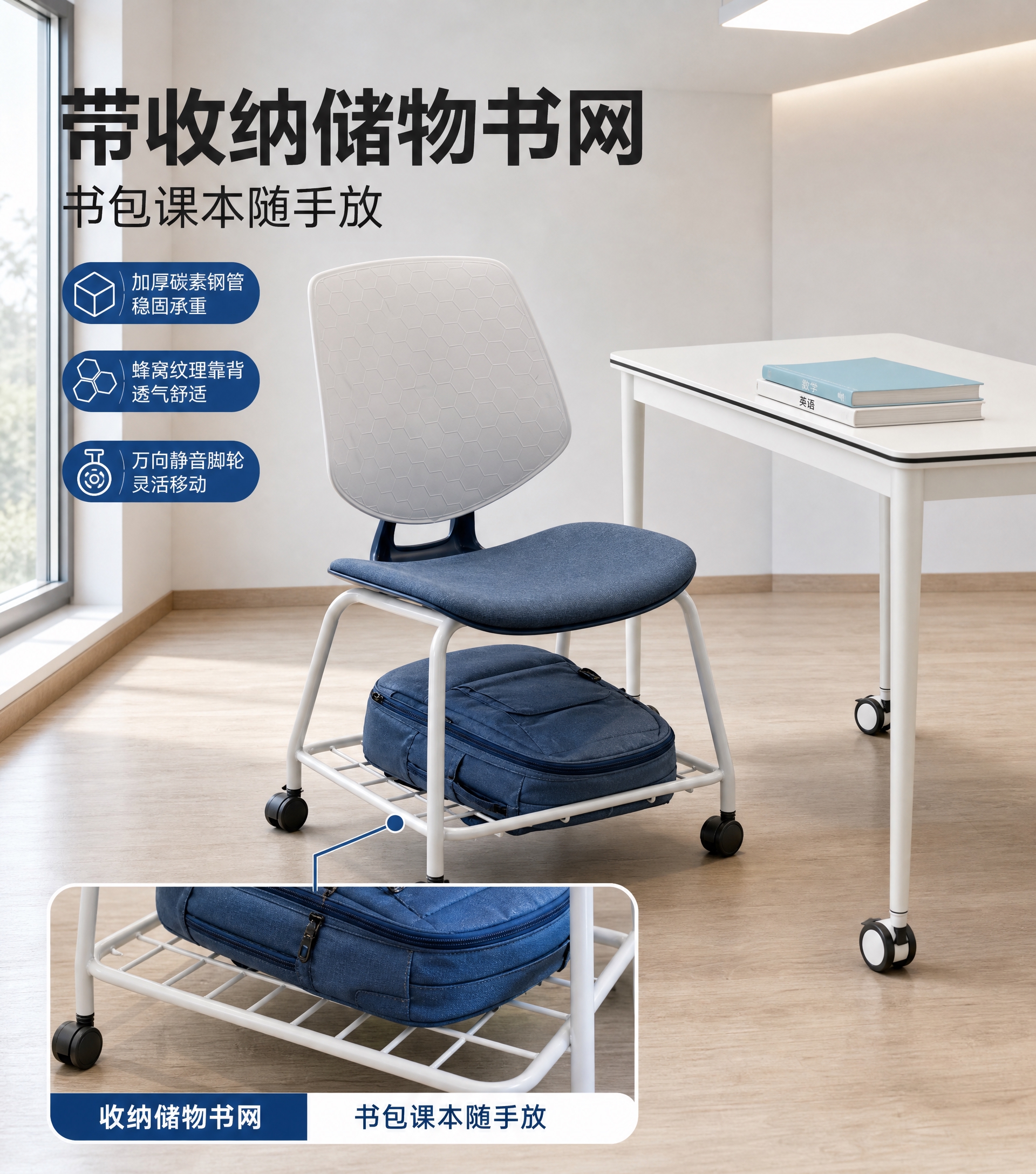[主图-4] 收纳功能图：展示座垫下方收纳储物书网放书包的实际… - 图片创意预览