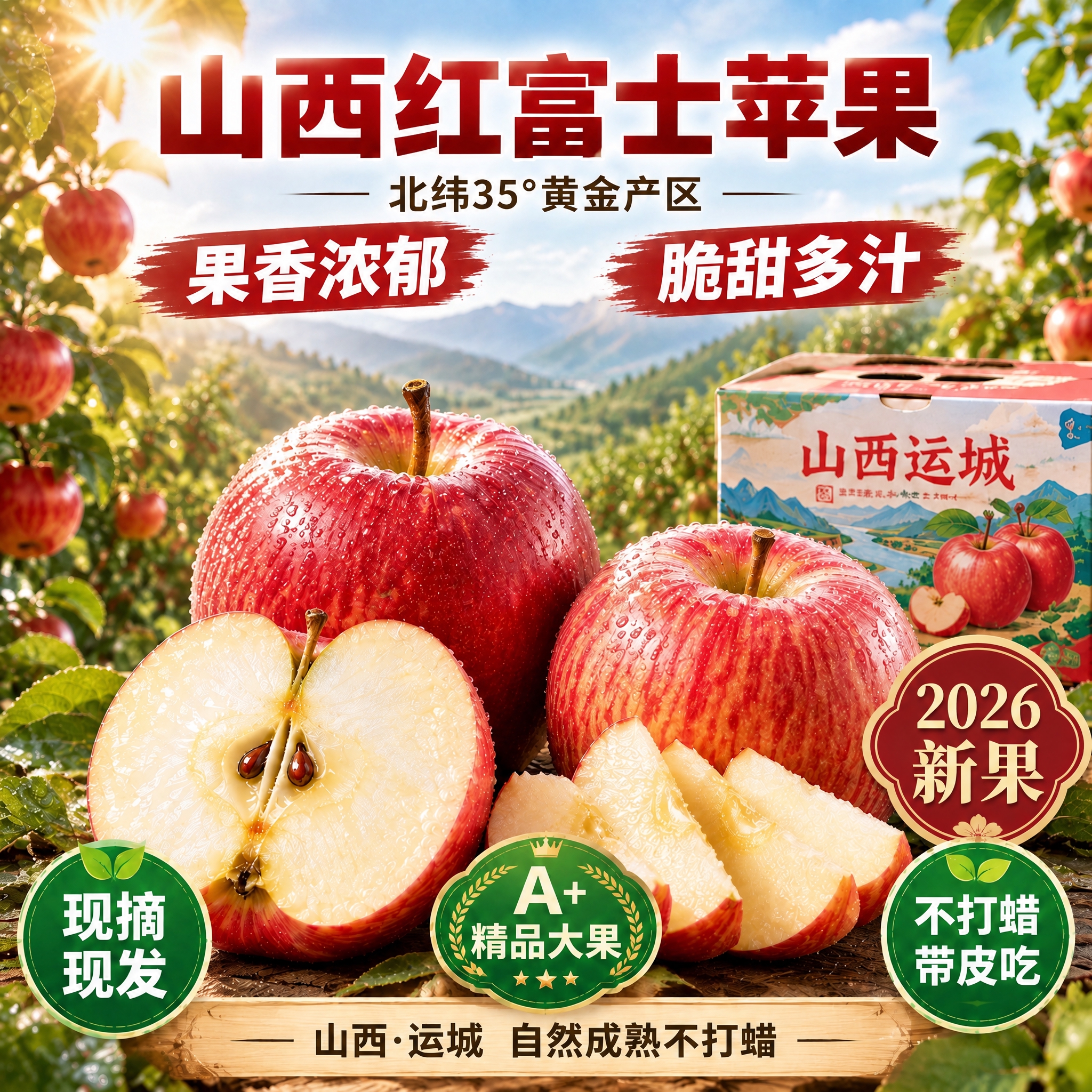 严格保持原图构图、光影、苹果、包装箱、竹篮、布料及所有原有中文… - 图片创意预览