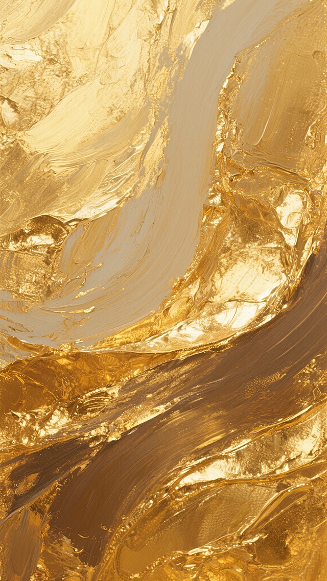 金色调抽象艺术背景，具有浓厚的油画质感，画面中充满了丰富的金箔纹路，纹路呈现出自然的流动感和层次感，笔触厚重且富有肌理变化，整体色调从浅金到深棕渐变过渡，光影效果柔和，高光部分闪耀着金属般的光泽，营造出奢华而温暖的氛围，色彩和谐统一，构图饱满，充满艺术张力。