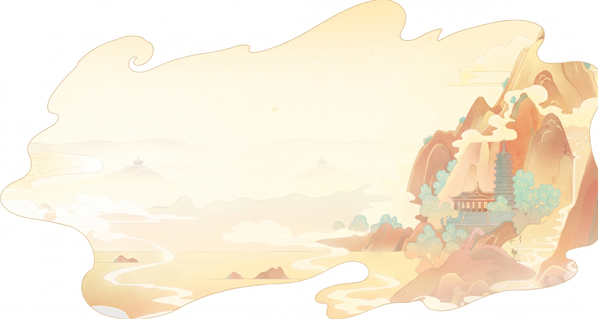 将这张国潮山水插画修改为异形形状，保留原插画的国潮风格、浅黄暖色调、山水建筑和云纹元素，只改变画布外形为不规则异形轮廓预览效果